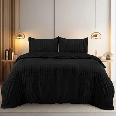 Image of Utopia Bedding Seersucker Duvet Cover Set Double with Pillowcases Soft Microfibre Polyester (Black)
