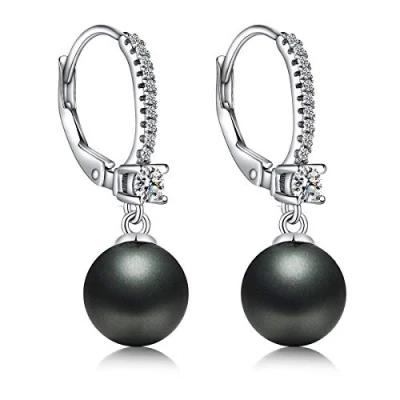 Image of Black Pearl Earrings, Dangle Earrings Leverback Sterling Silver for Women Drop Imitation 10MM