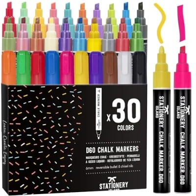 Image of STATIONERY ISLAND Chalk Pens for Blackboards, 6mm Reversible Nib, Pack of 30 Markers, Chalkboard Window and Glass, Wipeable Liquid Washable