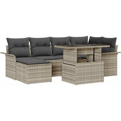 Image of vidaXL 7 Piece Garden Sofa Set with Cushions Light Grey Poly Rattan