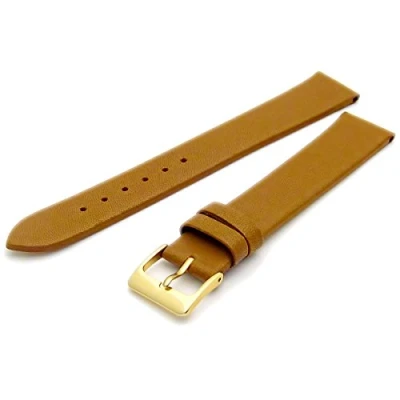 Image of Fine Calf Leather Watch Strap Band 16mm Extra Long XL Tan with Gilt (Gold Colour) Buckle. Free Spring Bars (Watch Pins)