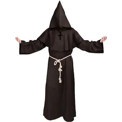 Image of Kitimi Monk Costume Adult Men, Hooded Robe Outfit, Medieval Friar Hooded, Renaissance Priest Robe, Halloween Costumes for Fancy Dress Halloween, Carnival (Brown)