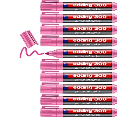 Image of edding 300 permanent marker pink 10 pens round tip 1.5 3 mm waterproof, quick drying, smear proof for cardboard, plastic, glass, wood, metal and fabric