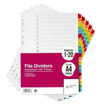 Image of [5 Pack] A4 File Dividers 20 Part Numbered 1 Subject with Multipunched Reinforced Colour Tabs 150gsm