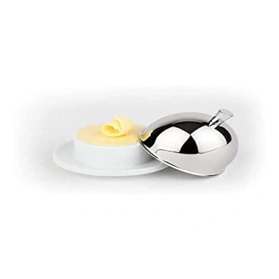 Image of APS butter server, dish with cloche, porcelain stainless steel bonnet, high gloss polished, 9 x cm, 7 cm height