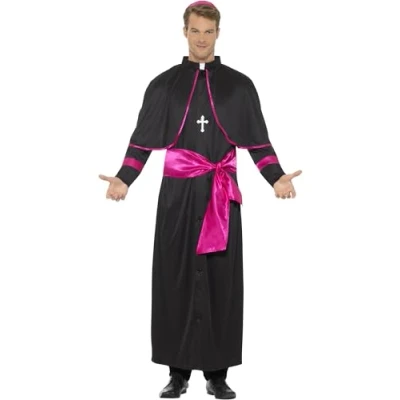 Image of Smiffys Cardinal Costume, Black with Robe, Mock Belt, Hat &amp; Cross Necklace, Saints and Sinners Fancy Dress, Adult Dress Up Costumes
