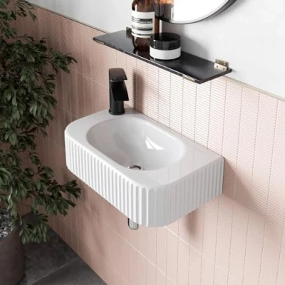 Image of BAYSTONE® Wall Hung Basin for Bathroom and Cloakroom Hand Wash Basins Sink Modern White Gloss, 446 x 265mm