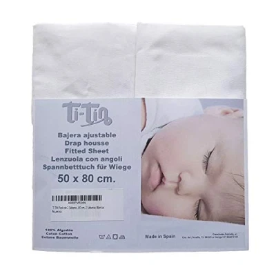 Image of Ti TIN Pack of 2 Fitted Sheets for Baby cot 100% Cotton, White, Adjustable with Elastic Band, 50x80 cm