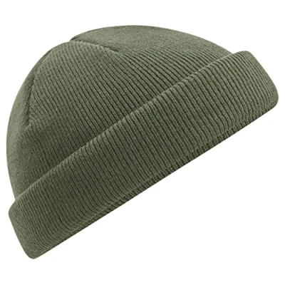 Image of Beechfield B43R Olive Green Fisherman Style Beanie Hat Unisex Winter Hat, Classic Knit and One Size Beenie Double Layer 100% Recycled Polyester