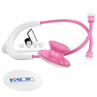 Image of MDF Acoustica Lightweight Stethoscope, Adult, Dual Head, White Tube, Pink Pinkore Chestpiece Headset, MDF747XPPO29