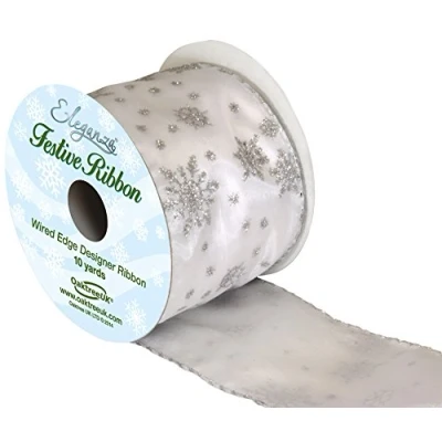 Image of Oaktree UK Eleganza Satin Snowflake Festive Ribbon, Silver
