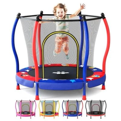 Image of Happin® 55 Toddler Trampoline Indoor &amp; Outdoor Playset Ages 1 6, 5FT Kids Trampoline, Ultra Safe Mini for with Safety Enclosure Net, Gifts Birthday Basketball Hoop