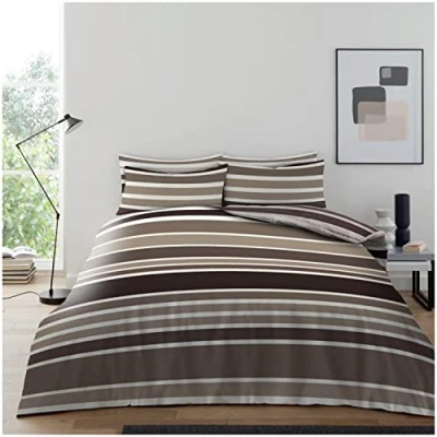 Image of Super Dreamer Complete Duvet Set, Striped Bedding Set King Size Quilt Cover, Reversible Printed Fitted Sheet With Pillow Cases, Natural