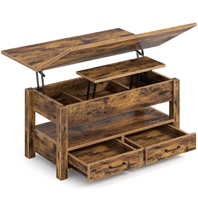 Image of Rolanstar Coffee Table Lift Top, Multi Function Convertible with Drawers and Hidden Compartment, Converts to Dining for Living Room, Home Office, Rustic Brown