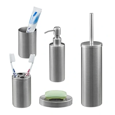 Image of Relaxdays 5 Piece Bathroom Accessory, Brushed Stainless Steel, Complete Toilet Set, Modern Design, Silver, 90% 10% Plastic, 39 x 9.5 cm