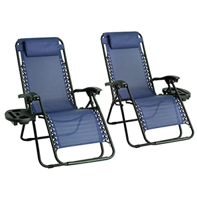 Image of Straame Garden Zero Gravity Chair Set of 2 Heavy Duty Textoline Outdoor &amp; Sunloungers Reclining Folding with Cup Holder and Headrest Pillow (Navy)