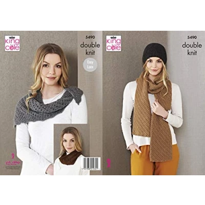 Image of King Cole Ladies Double Knitting Pattern Womens Wrap Snood Hat &amp; Scarf (5490)
