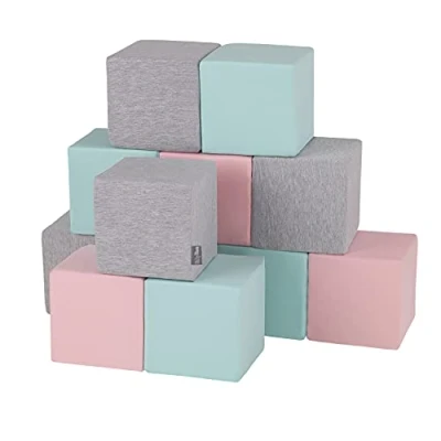 Image of KiddyMoon Soft Foam Cubes Building Blocks 14Cm For Children Multifunctional Construction Montessori Toy Babies, Made In The EU, 12 Pieces, Cubes:Light Grey Pink Mint