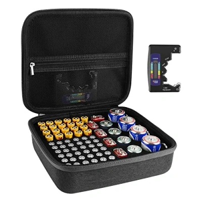 Image of Linkidea Hard Battery Storage Container, Organizer Box with Tester BT 168, Safe Carrying Case Holder Holds 76 Various Sizes AA AAA 9V C D Batteries