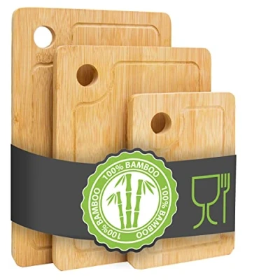 Image of DuneDesign Thick &amp; Sturdy: Bamboo Chopping Board Set of 3 33x22cm Solid Wooden Boards with Juice Groove Wood Cutting Meat Carving