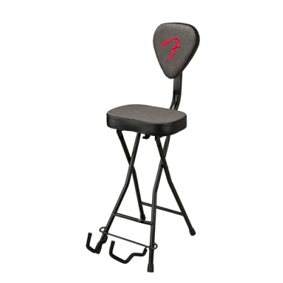 Image of Fender 351 Seat and Guitar Stand Combo, Collapsible Design, Removable Backrest, Gray Tweed Fabric, Non Slip Feet