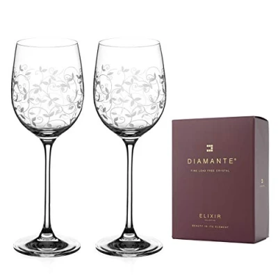 Image of DIAMANTE White Wine Glasses Pair ‘Floral Moda’ Collection Hand Etched Crystal Set of 2