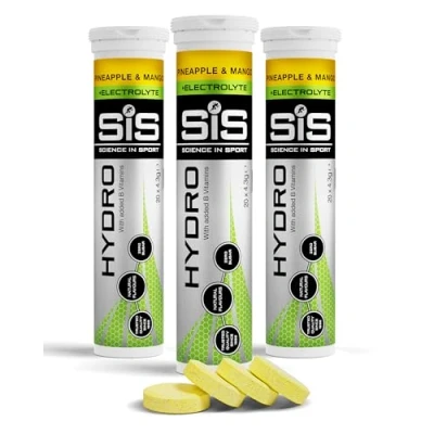 Image of Science In Sport Hydro Hydration Tablets, Gluten Free, Zero Sugar, Pineapple and Mango Flavour Plus Electrolytes, 20 Effervescent Tablets per Bottle (3 Bottles)
