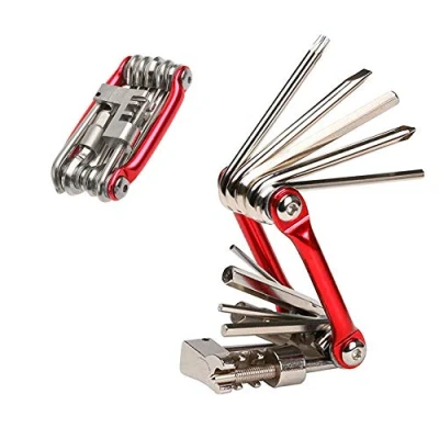 Image of Aiqeer 11 in 1 Multifunction Bike Repair Tool, Portable Foldable Bicycle Compact Mini Maintenance Tool Kit (Red)