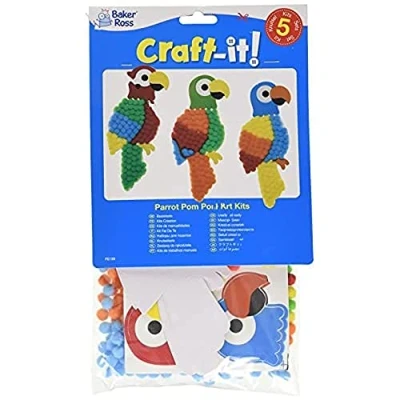 Image of Baker Ross FE159 Parrot Craft Pom Art Kit Pack of 5, Self Adhesive Card with Coloured Pompoms Crafts