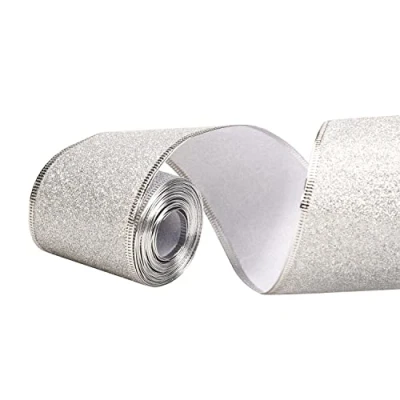 Image of XNHIU 10 Yards 2.5 Inch Wide Christmas Wired Edge Ribbons Roll Glitter Sparking Shiny Gift Wrapping Tree Bows Ribbon for DIY Crafts (Silver)
