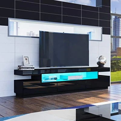 Image of Senvoziii LED TV Stand Cabinet Unit 160cm Modern Black High Gloss Entertainment Sideboard Storage with 3 Drawers for Living Room