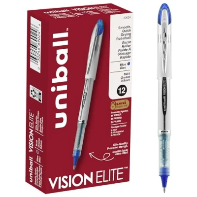 Image of uni ball Vision Elite Rollerball Pens, Bold Point (0.8mm), Blue, 12 Count