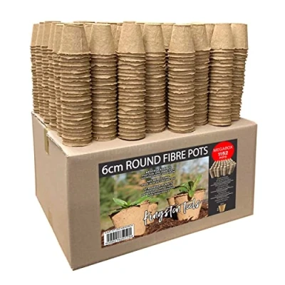 Image of Kingston Tools Megabox 1152 Round Fibre Pots 6cm Gardening Pot — Peat Free Biodegradable Wood Pulp Ideal for Seeds, Seedlings and Cutting