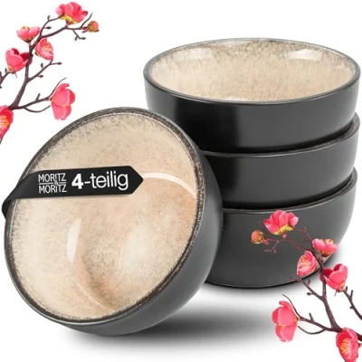 Image of Moritz &amp; 4X Miso Bowl Set 12 cm Japanese Tableware Made of Ceramic and Sandalwood for Soup, dip Snacks with Serving Tray