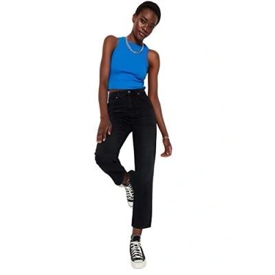 Image of Trendyol Women&#039;s High Waist Leg Straight Jeans Pants, Black, 6