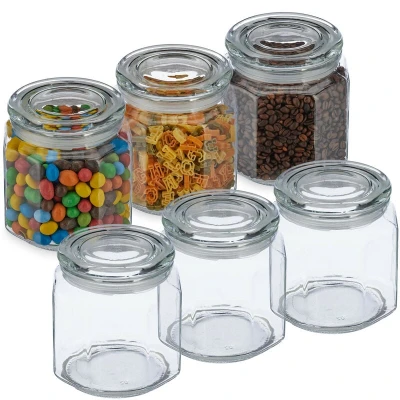 Image of Set of 6, Storage Jars, Airtight Lids, 1300ml, Dry Food Storage, hwd: 14.5x13.5x13.5 cm, Glass, Transparent Relaxdays