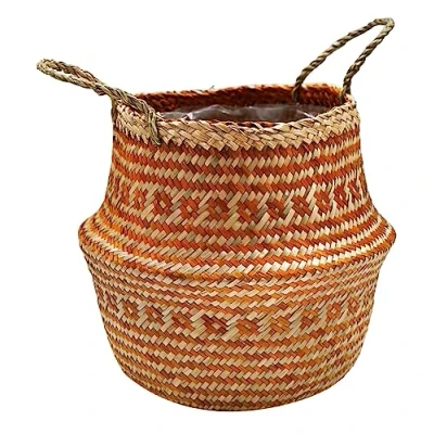 Image of Ivyline Tribal Lined Basket in Amber Premium Quality Handmade and Waterproof Seagrass with Handles for Houseplants H30cm x D35cm