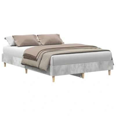 Image of vidaXL Double Bed Frame Concrete Grey 193x138 cm Engineered Wood with Eucalyptus Legs Slatted Base Modern Bedroom Furniture