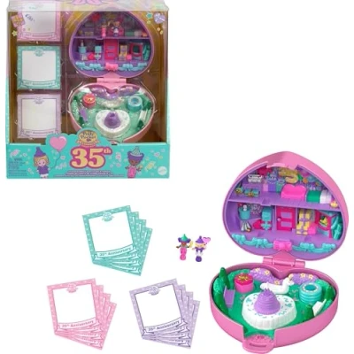 Image of Polly Pocket Dolls and Playset, Collector Heritage Compact, 35th Birthday Partytime Stamper with 2 Dolls, 3 Party Stamps, 12 Stationary Cards, HWP20
