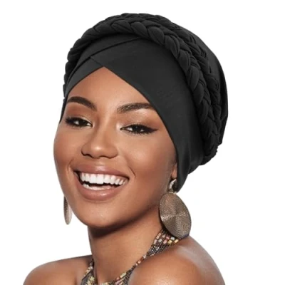 Image of DRESHOW Women Turban Pre Tied Double Twisted Braid Hair Cover Wrap Hat African Beanie Headwraps Chemo Cancer Cap