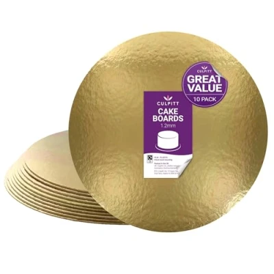 Image of Culpitt Gold Cake Cards 10 Pack 25cm Boards, 1.2mm Thin, Inch Rounds, Shiny