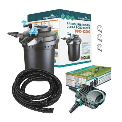 Image of AllPondSolutions Pressurised Koi Fish Pond Filter Complete KIT with Pump and UV Steriliser Light All in one Ponds Up to 12000 litres PFC