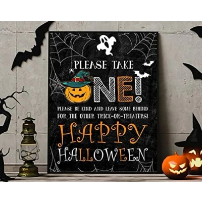 Image of Halloween Trick Or Treat, Door Sign Please Take One Party Decor Wall Kitchen Poster Metal 8X12 Inches