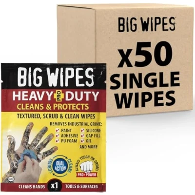 Image of Big Wipes Heavy Duty x50 Single Sachets, Textured Dual Sided Hand with Skincare Cleans Hands, Tools &amp; Surfaces. Industrial Cleaning Products for Tradespeople
