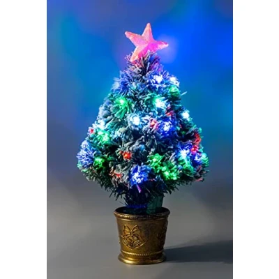 Image of SHATCHI 2Ft/60cm Snow Frosted Fibre Optic Christmas Star Topper Multicolor LEDs 8 Changing Light Modes Pre Lit Snowy Artificial Xmas Tree, PVC, Green, 2ft