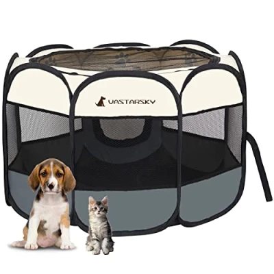 Image of Foldable Portable Pet Playpen, Soft Pop up Playpens for Puppy Dog Kitten Cat, Lightweight Fabric Playpen with Breathable Mesh, Cage Indoor and Outdoor Use (No Bag) GREY