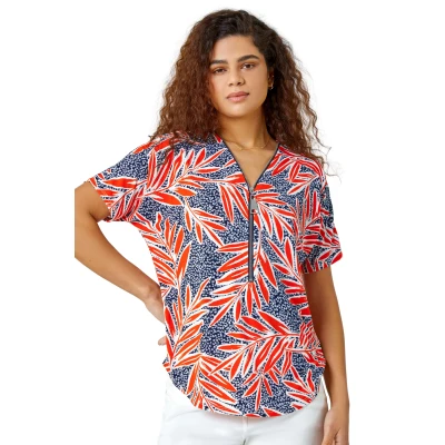 Image of Roman Originals Front Zip Top for Women UK Ladies Brushed Blouse Soft Jumper Smart Casual Work Winter Autumn Spring Warm Long 3/4 Short Sleeve V Neck Sweater T Shirts Orange Navy White Size 10