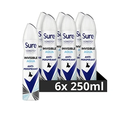 Image of Sure Invisible Aqua Nonstop protection anti perspirant deodorant Aerosol leaves no white marks or yellow stains on clothes 72h spray 6x 250 ml