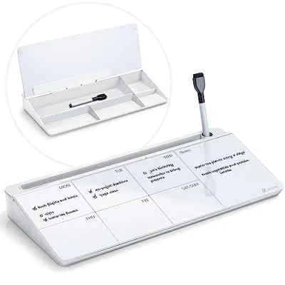 Image of Varhomax Glass Weekly Dry Erase Desk White Board, Desktop to Do List Planner Whiteboard Calendar with Storage Caddy Memo Board Buddy for Home and Office (White)