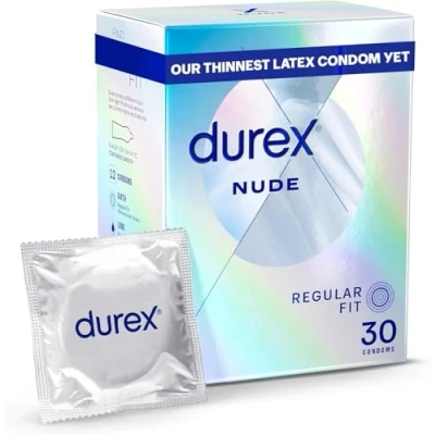 Image of Durex Nude Condoms, Regular Fit, 30s, Extra Thin, Easy On Shape, Secure, Higher Protection, With Silicone Lube